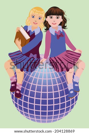 Back to School. Two cute schoolgirls with book and globe, vector illustration