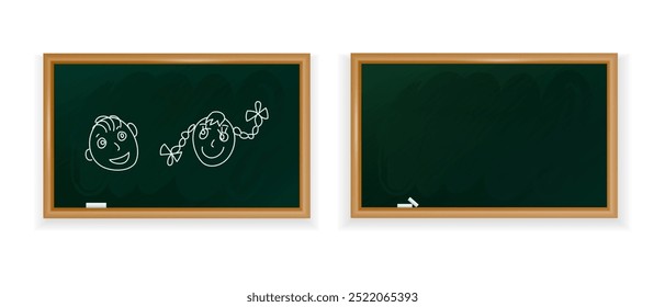 Back to school. Two green chalkboards, one with simple childlike drawings of a boy and girl, and the other blank. For educational material, classroom design, and school related graphic.