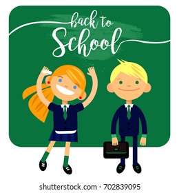 back to school, two students, schoolchild, cute boy and girl in the form of a white background. Vector illustration of a flat design, element, congratulation cards, banners and flyers.