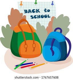 Back to school. Two school stylish backpacks. Education concept. Vector illustration.