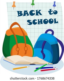 Back to school. Two school stylish backpacks. Education concept. Vector illustration.