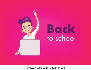 Back To School Type. Boy Sitting At The Laptop. Kid's Coding Vector Illustration. Young Programmer Coding. Kids' Programming Logo Inspiration. 