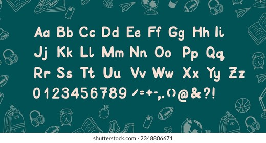 Back to school typeset on green chalkboard. Education modern typeface with numbers. Stylized white isolated characters on board. Hand drawn typeset in flat style. Ideal for school lettering design