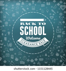 Back to school typographic badge in blackboard. Vector background with flat style school icons. Sale banner