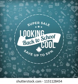 Back to school typographic badge in blackboard. Vector background with flat style school icons. Sale banner