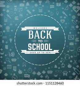 Back to school typographic badge in blackboard. Vector background with flat style school icons. Sale banner