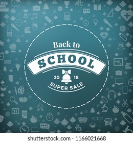Back to school typographic badge in blackboard. Vector background with flat style school icons. Sale banner