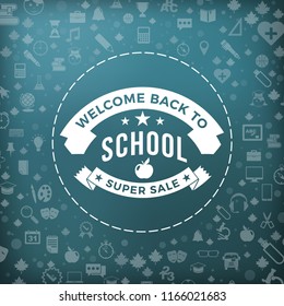 Back to school typographic badge in blackboard. Vector background with flat style school icons. Sale banner