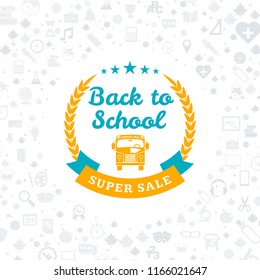 Back to school. Typographic badge design. Vector background with flat style school icons. Sale banner