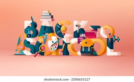 Back to school - typographic composition. Education supplies with big letters.