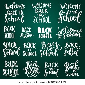 Back to school typographic hand written lettering inscription quote, calligraphy vector illustration. Text sign slogan design for poster, greeting card, print, cool badge labels set