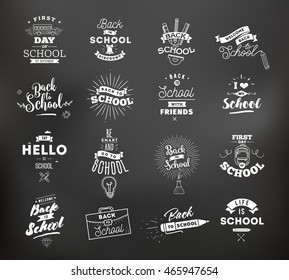 Back to school typographic labels set. Isolated vector elements. First day of school emblems. ?alligraphy, lettering design. Usable for greeting cards, posters, banners