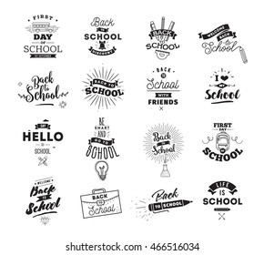 Back to school typographic labels set. Isolated vector elements. First day of school emblems. Calligraphy, lettering design. Usable for greeting cards, posters, banners.