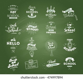 Back to school typographic labels set. Isolated vector elements. First day of school emblems. Calligraphy, lettering design. Usable for greeting cards, posters, banners.