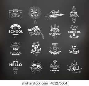 Back to school typographic labels set. Isolated vector elements. First day of school emblems. Calligraphy, lettering design. Usable for greeting cards, posters, banners.