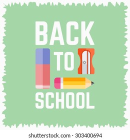 Back to school typographic text title with flat elements on green chalkboard with grunge effect on the edges