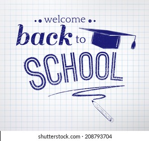 Back to school typographical background with checkered notepad texture. Vector illustration.