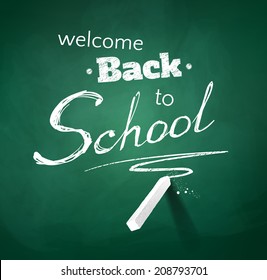 Back to school typographical background with green chalkboard texture. Vector illustration.