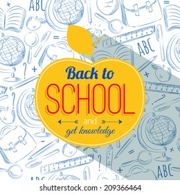 Back to school typographical background with hand drawn supplies. Vector illustration.