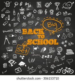 Back To School Typographical Background On Chalkboard With School Icon Elements