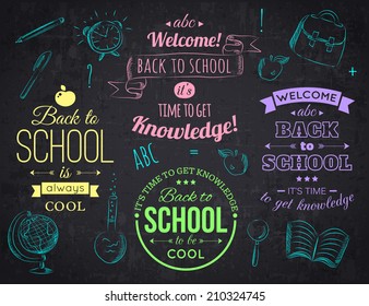 Back to school typographical blackboard background. Vector illustration