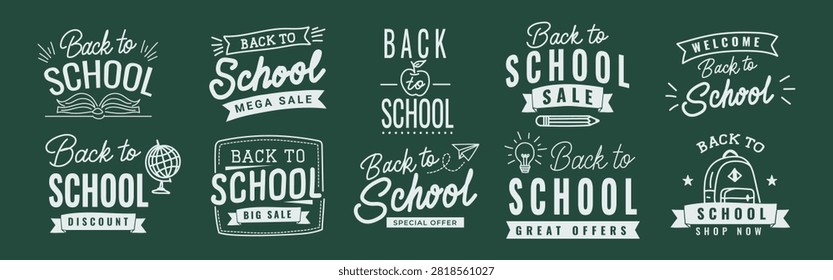 Back to school typography badge set with sale labels and lettering on chalkboard background for autumn promo banners, discount flyers and marketing design. Vector illustration