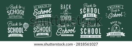 Back to school typography badge set with sale labels and lettering on chalkboard background for autumn promo banners, discount flyers and marketing design. Vector illustration