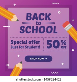 Back to School Typography Banner Ads for Website. Back to School Big Sale Just for Student Advertising 50% Off Vector Illustration Template