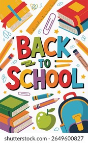 Voltar para Banner de tipografia escolar com material escolar colorido