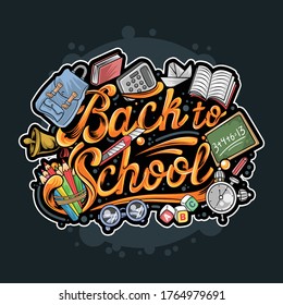 BACK TO SCHOOL TYPOGRAPHY WITH BOOK, PENCILS, BACKPACK, CALCULATOR, AND ANOTHER EQUIPMENT FOR SCHOOL. ARTWORK WITH EDITABLE LAYERS VECTOR