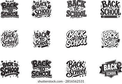 Back to School Typography Bundle Black and White Hand Lettering Teacher Student  Vector Collection