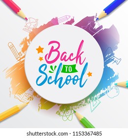 Back to School Typography with Colorful  Pencils and Stroke Background 