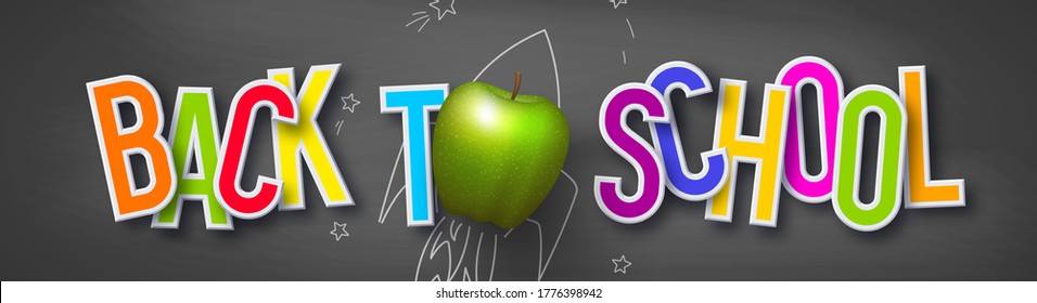 Back to school typography design. 3d text on chalkboard background with apple and doodle rocket . Vector illustration.