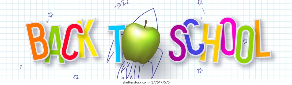 Back to school typography design. 3d text on checkered background with apple and doodle rocket. Vector illustration.