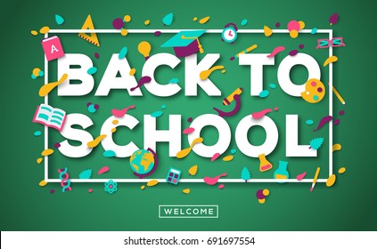Back to school typography design with icons on green chalkboard. Vector illustration. Education poster or flyer with square frame