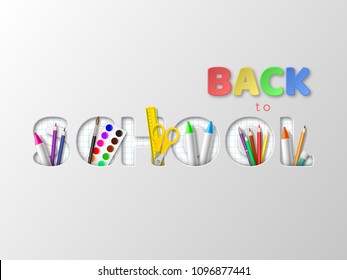 Back to school typography design with realistic school supplies. Paper cut style letters on white background. Vector illustration.