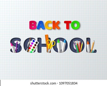 Back to school typography design with realistic school supplies. Paper cut style letters on white background. Vector illustration.