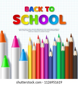 Back to school typography design with realistic colorful pencils and markers. Paper cut style letters on squared paper background. Vector illustration.