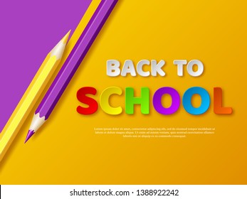 Back to school typography design with realistic colorful pencil. Paper cut style letters on yellow background. Vector illustration.