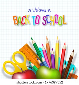 Back to school typography design with realistic school supplies and apples. 3d text on checkered background. Vector illustration.