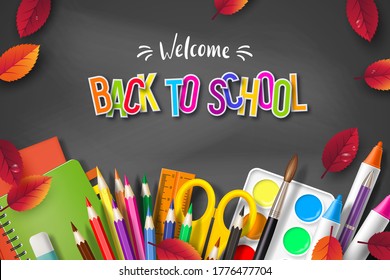 Back to school typography design with realistic school supplies and autumn leaves. 3d text on chalkboard background. Vector illustration.