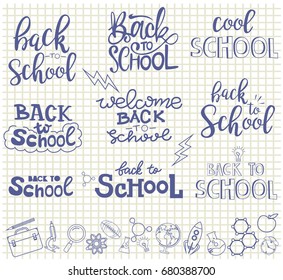 Back to school typography and lettering print and school icons set on paper. Editable vector  illustration.