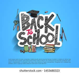 Back to School typography vector design with colorful education element in blue background. vector illustration for first day school
