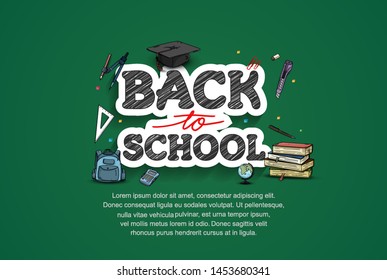 Back to School typography vector design with colorful education element in green background. vector illustration for first day school