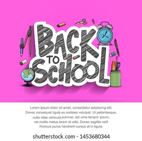 Back to School typography vector design with colorful education element in purple background. vector illustration for first day school