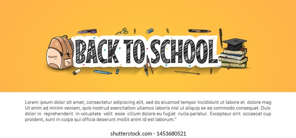 Back to School typography vector design with colorful education element in yellow background. vector illustration for first day school