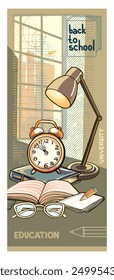 Back to school, university, education. Vector poster in vintage style. Story image of school supplies, university vibe, atmosphere for flyers, banners or background.