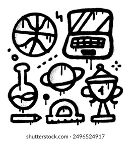 Back to School urban graffiti doodle designs set. Black and white isolated elements with lot of education objects and symbols. Isolated vector illustrations.