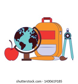 Back to school utensils backpack apple world globe and compass with paint brush cartoons vector illustration graphic design