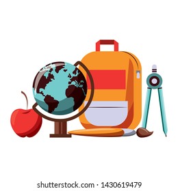 Back to school utensils backpack apple world globe and compass with paint brush cartoons vector illustration graphic design